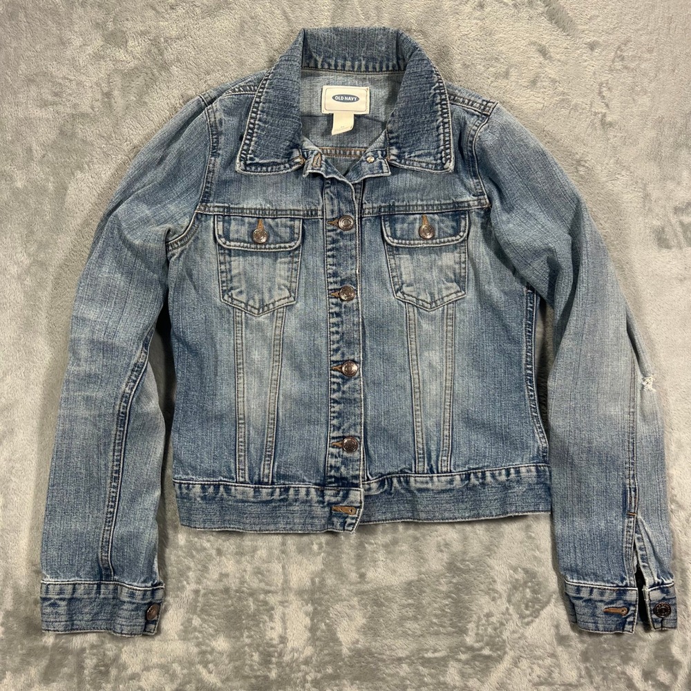 Denim Trucker Jacket Women XS Blue Fall Distressed Medium Wash Cotton Old Navy